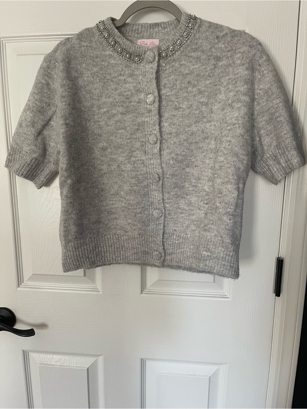 Pink Lily Gray Short-Sleeve Beaded-Collar Button Cardigan